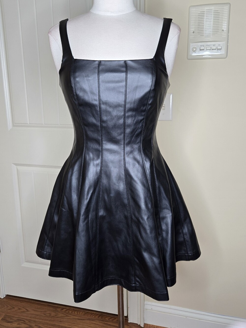 7 For All Mankind Womens Small Black Faux Leather Fit Flare Mini Dress Y2K - Picture 2 of 13
